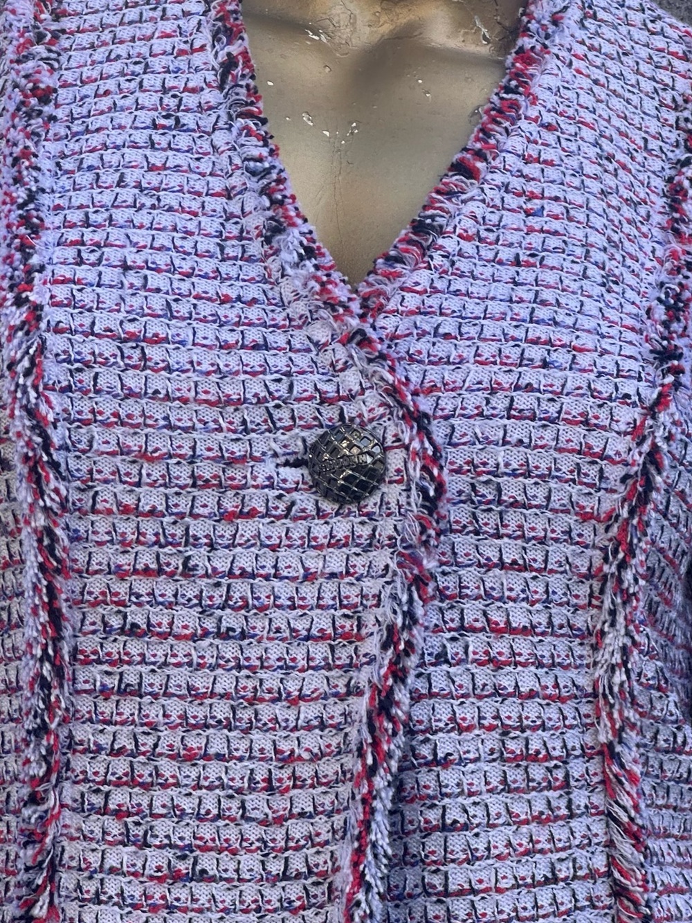 St. John Textured Knit Fringe Trim Jacket White Red Blue Novelty Weave Blazer - Picture 8 of 11